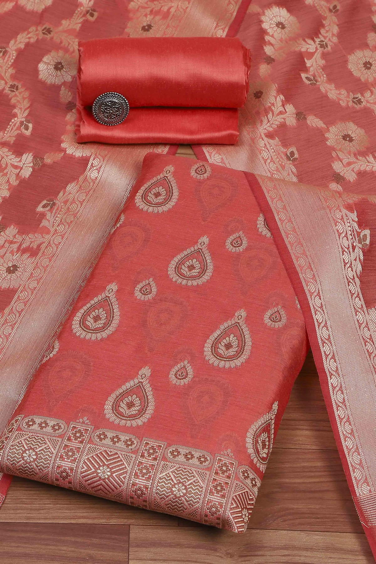Red Cotton Printed Embroidered Unstitched Suit Set