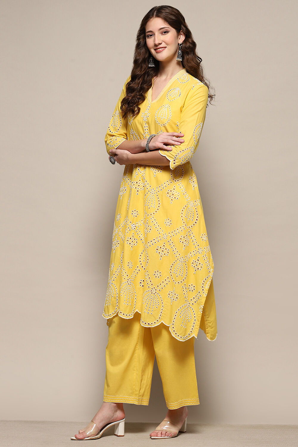 Yellow Cotton Schiffli Kurta & Palazzo Suit Set image number 3