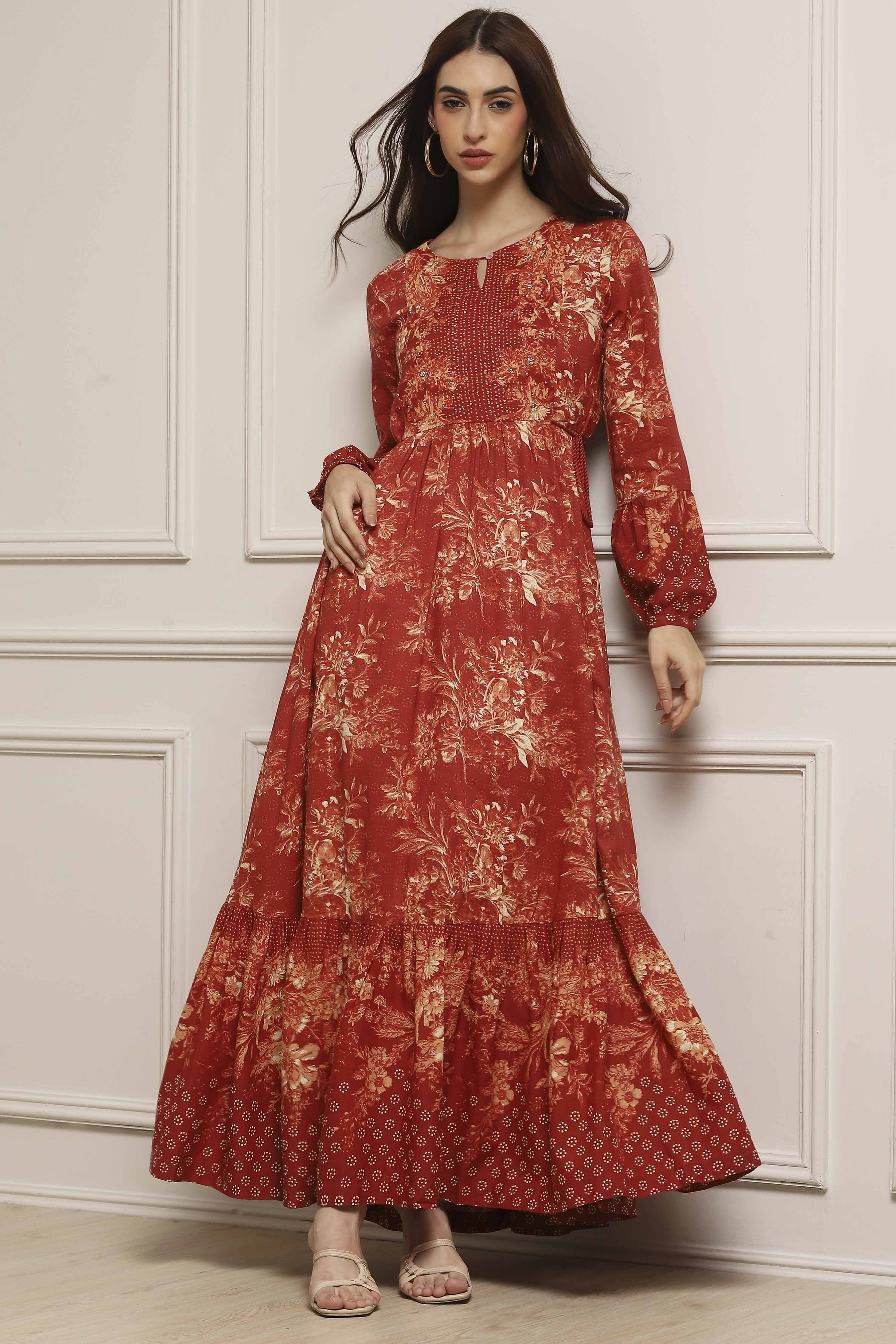 Rust Floral Printed Tiered Flared Dress image number 0