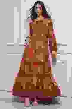 Rust Floral Printed Tiered Flared Dress image number 0