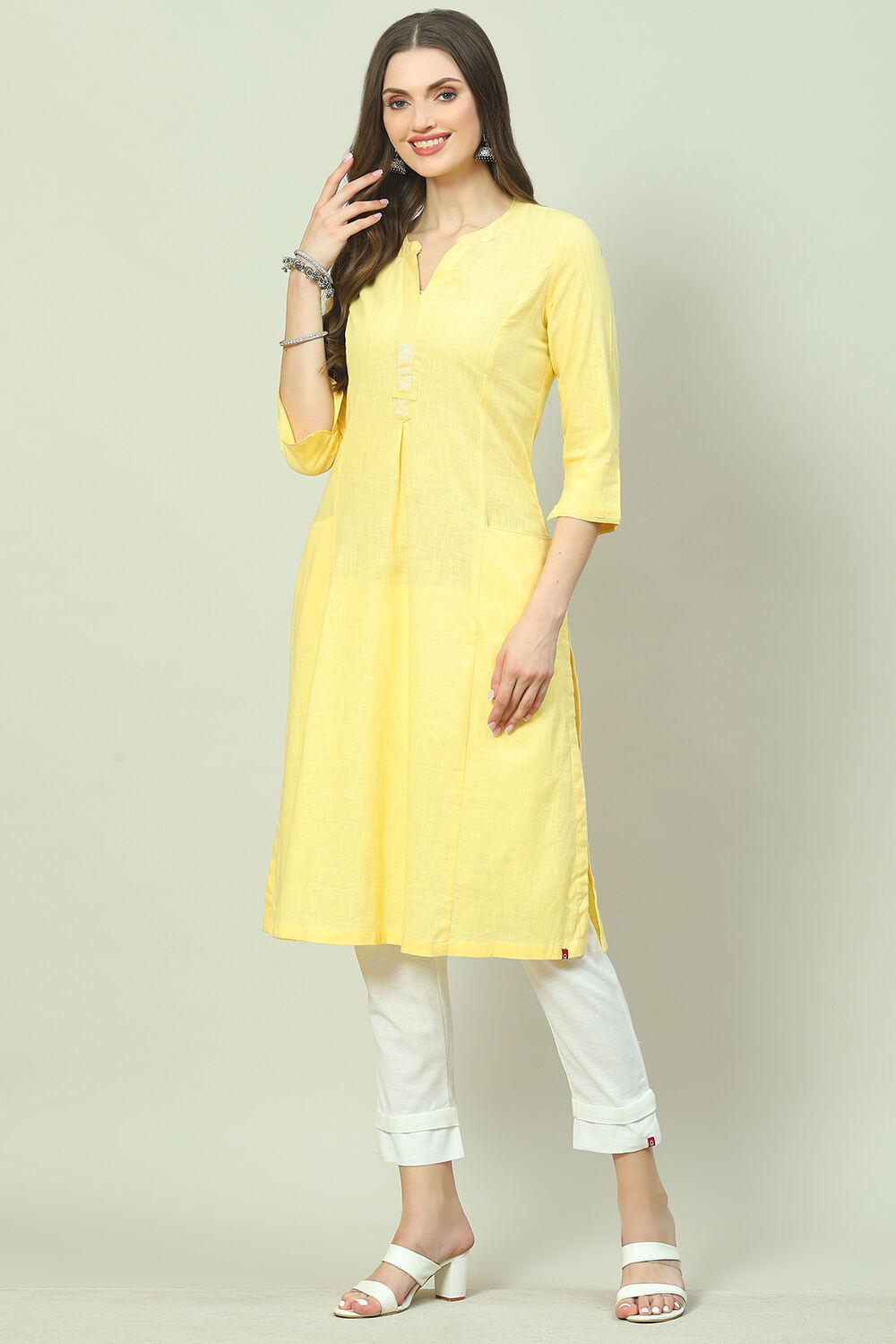 Lime Yellow Cotton Solid Kurti