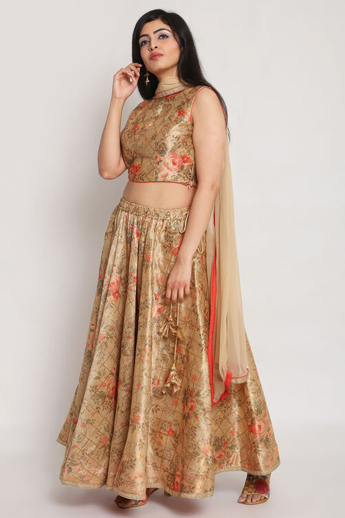Beige Poly Metallic Floral Lehenga Set image number 3