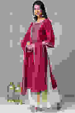 Cherry Red Cotton Silk Sharara Kurta Sharara Suit Set image number 5