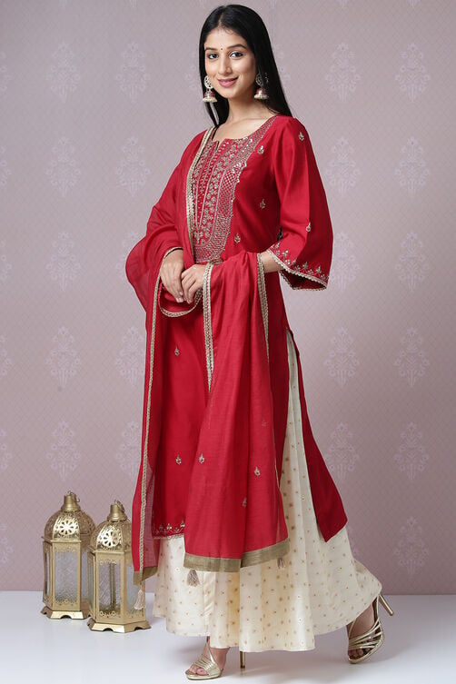 Cherry Red Cotton Silk Sharara Kurta Sharara Suit Set image number 5