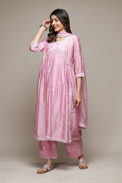 Light Mauve Cotton Blend Straight Kurta Palazzo Suit Set image number 6