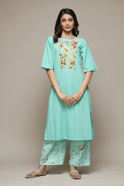 Yellow Cotton Straight Kurta Palazzo Suit Set image number 6