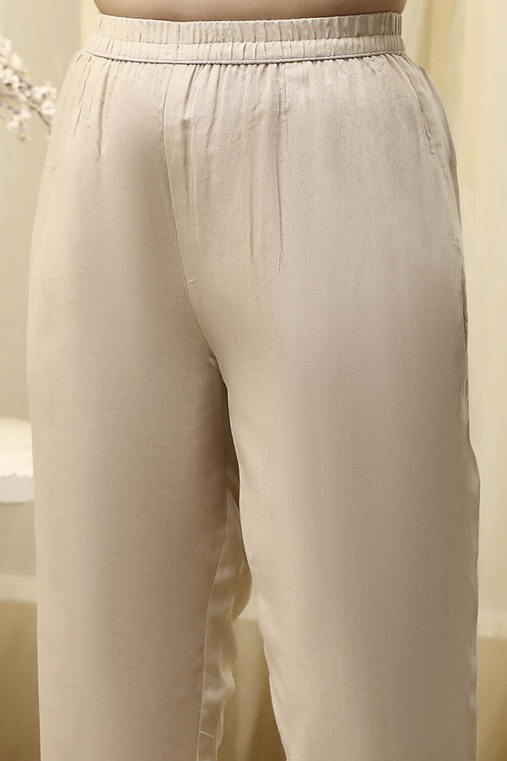 Beige Chanderi Hand Painted Unstitched Suit Set image number 3