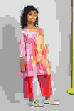 Cream-Colored and Pink Cotton Gathered Kurta Set image number 5