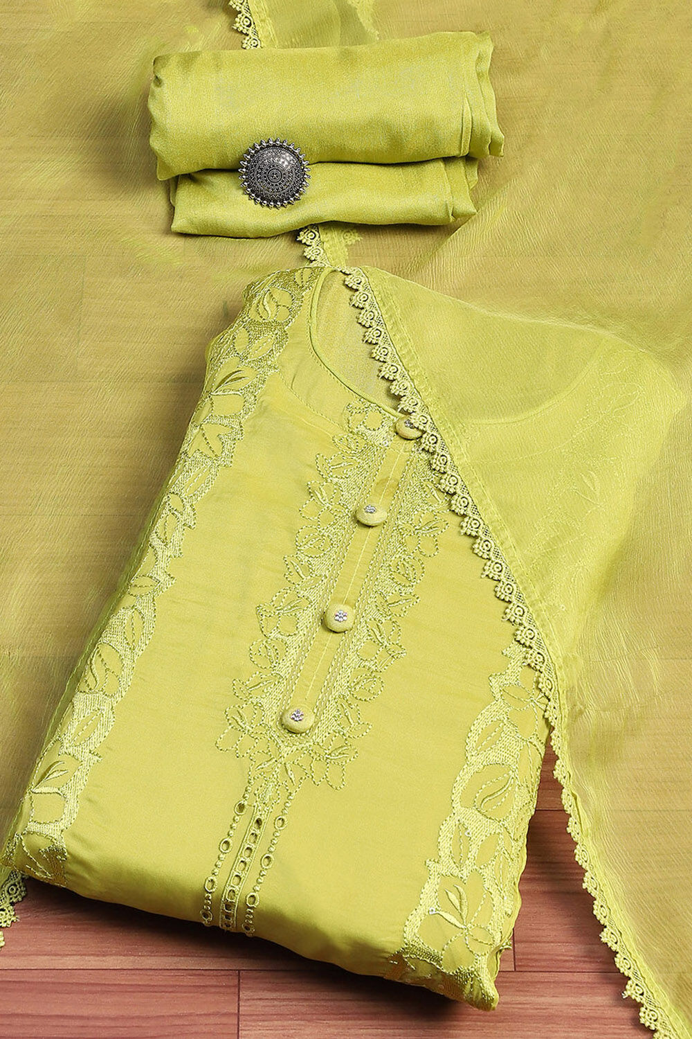 Red Organza Embroidered Unstitched Suit Set image number 0