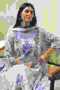 Off-White and Blue Cotton Floral Kalidar Suit Set image number 0