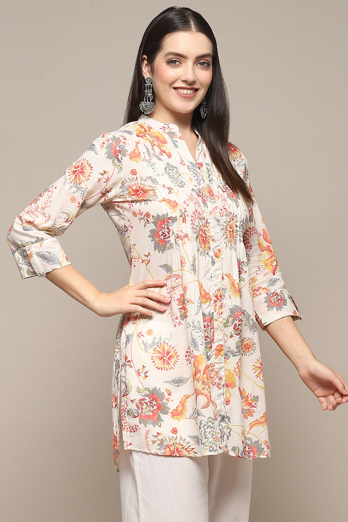 Off White Cotton Printed Short Kurta image number 4
