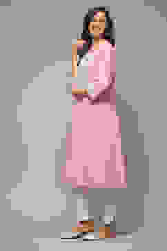 Pink Cotton Straight Embroidered Kurta image number 3