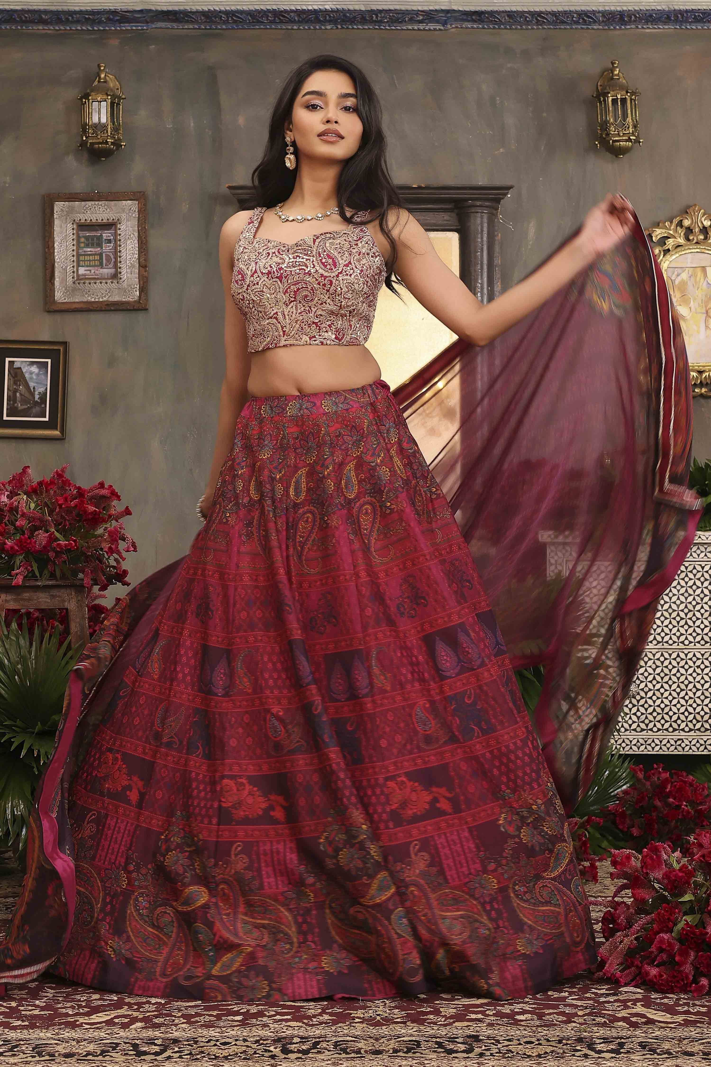 Pink Chanderi Digital Printed Lehenga Set image number 6