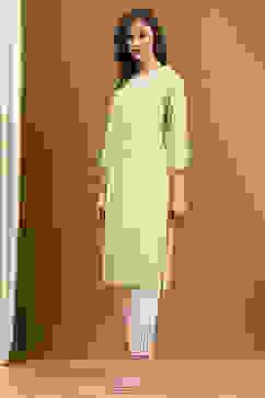 Light Lime Green Cotton Solid Regular Fit Straight Kurta image number 2