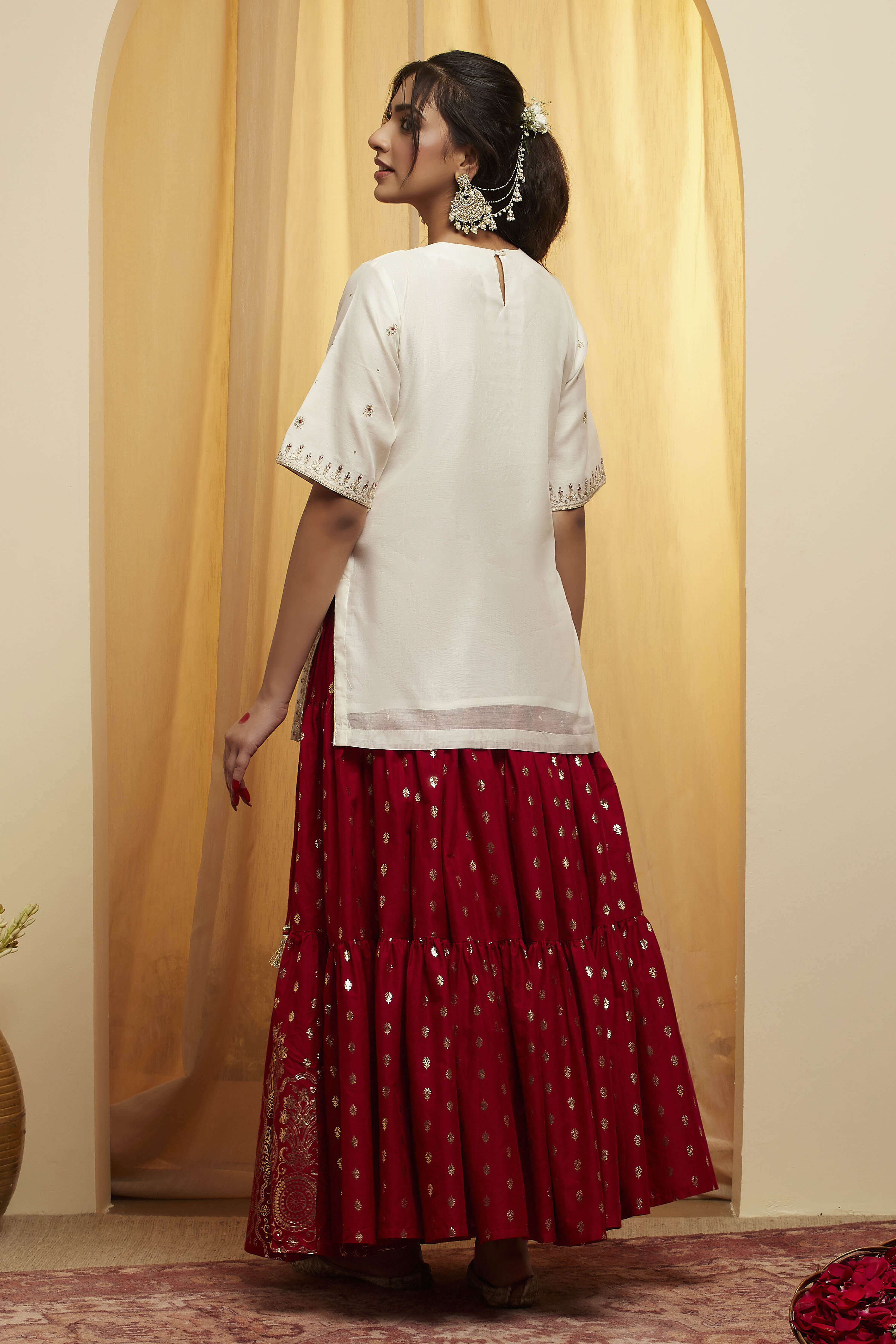 Red Polyester Straight Lehenga Set image number 5