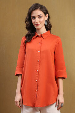 Orange Cotton Blend Solid Straight Shirt Style Kurti image number 5