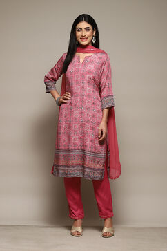 Pink Viscose Straight Kurta Slim Pant Suit Set image number 7