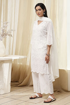 Off-White Cotton Schiffli Straight Suit Set image number 3
