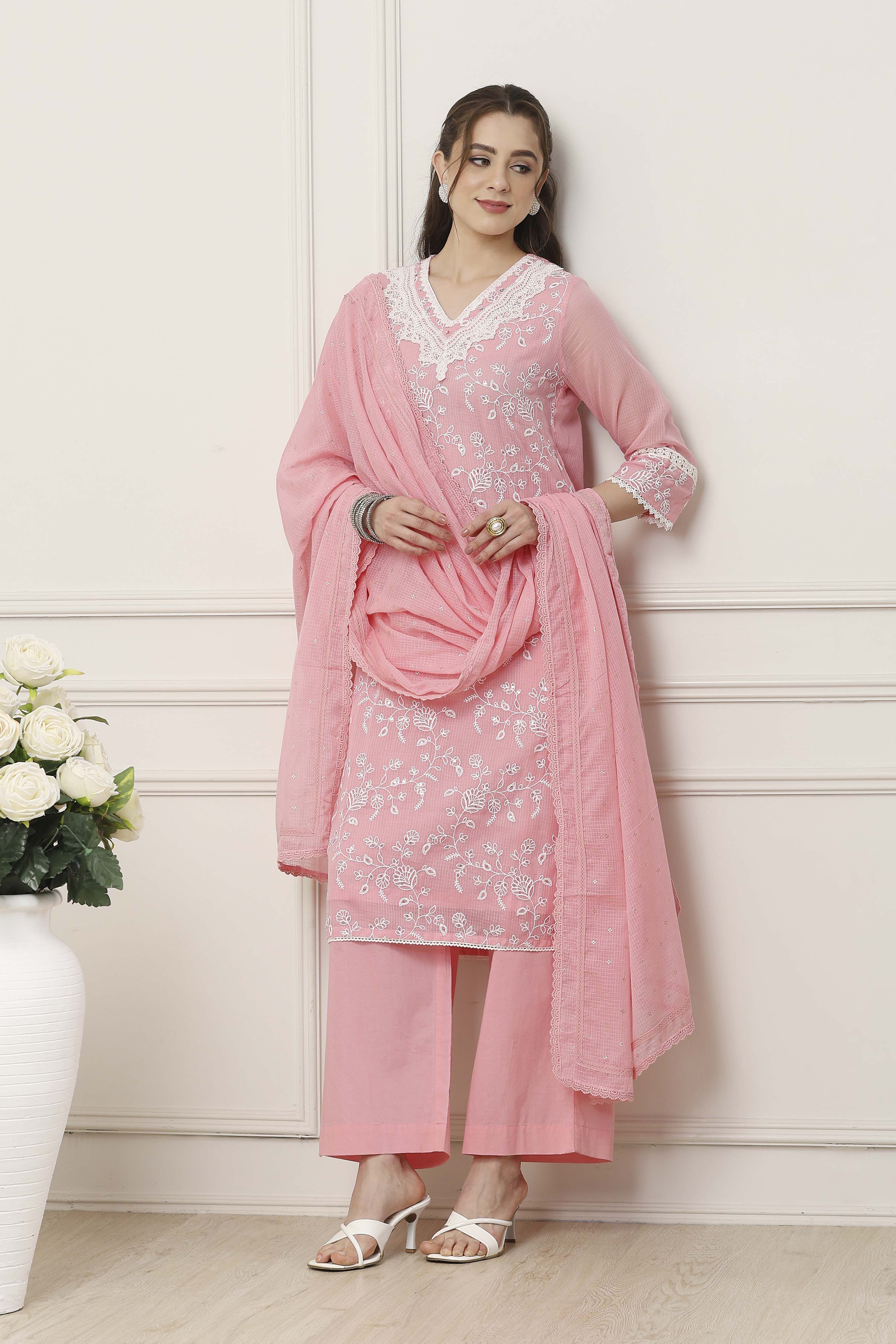 Pink Cotton Straight Suit Set image number 0