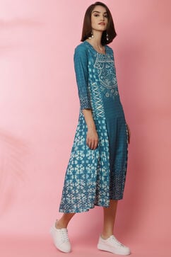 Turquoise Rayon A-Line Printed Dress image number 2