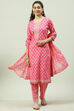 Pink Cotton Screen Print Unstitched Suit Set image number 0