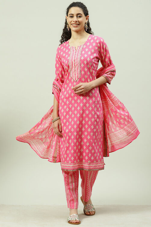 Pink Cotton Screen Print Unstitched Suit Set image number 0