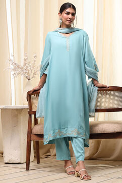 Dull Blue Viscose Rayon A-line Suit Set image number 0