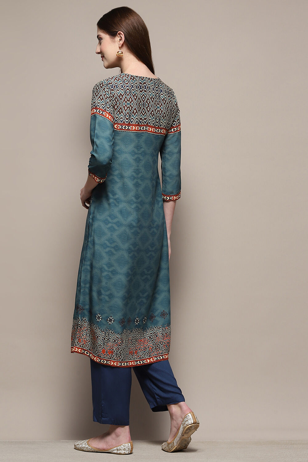 Teal Rayon Straight Printed Kurta image number 3