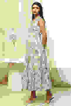 Off-White and Green Cotton Floral Tiered Dress image number 2