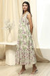 Off-White and Green Cotton Floral Tiered Dress image number 2