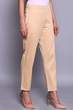 Beige Cotton Slim Pants image number 3