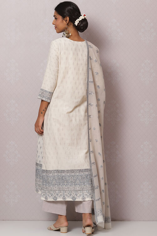 Off White Cotton Straight Kurta Palazzo Suit Set image number 4