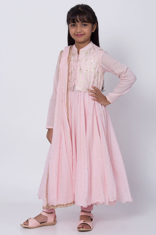 Pastel Pink Cotton Anarkali Kurta Churidar Suit Set image number 4