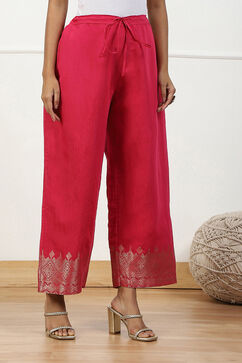 Pink Jacquard Solid Straight Palazzo Pants image number 3