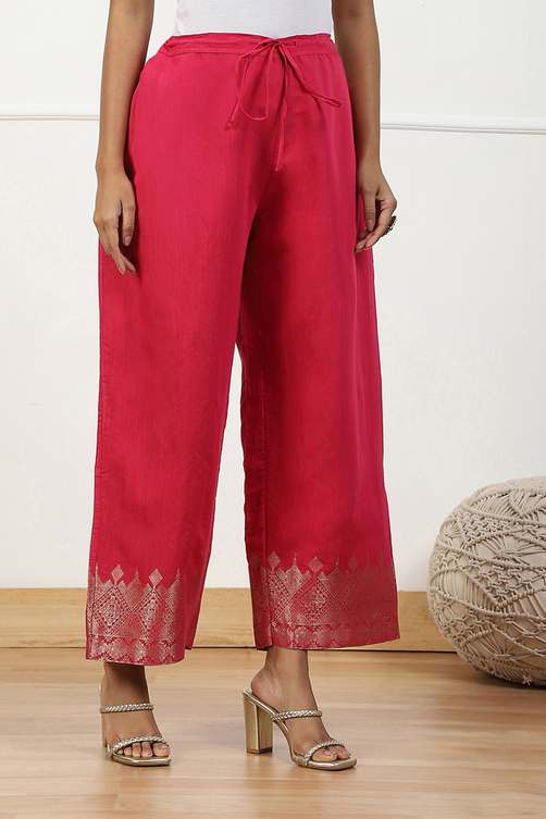 Blue Jacquard Solid Straight Palazzo Pants image number 3