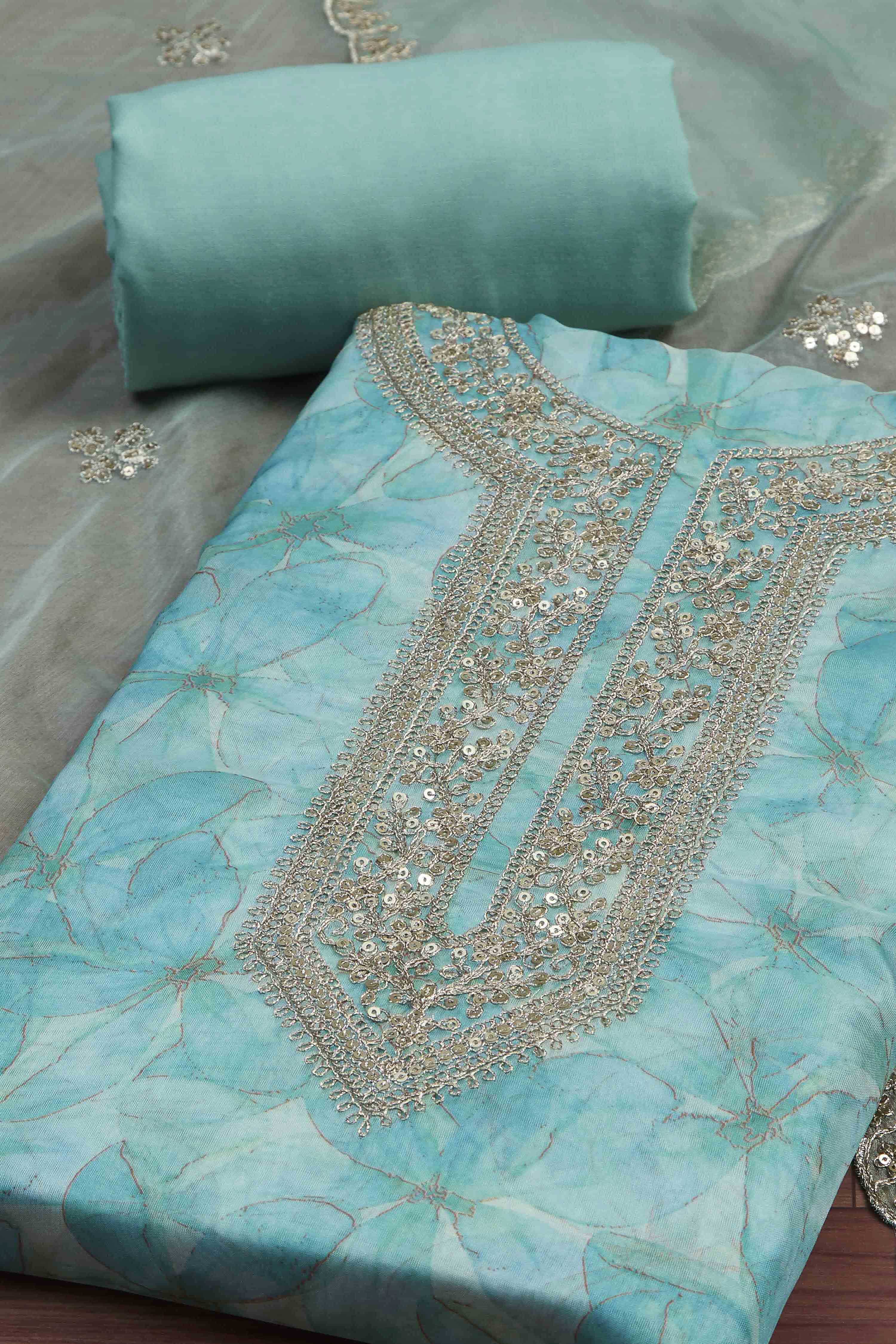 Blue Organza Rajasthani Print Unstitched Suit Set image number 1