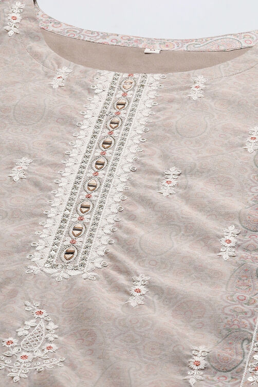 Beige Chanderi Blend Machine Embroidered Unstitched Suit Set image number 2