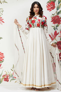 Rohit Bal Off White Cotton Silk Anarkali Embroidered Suit image number 5