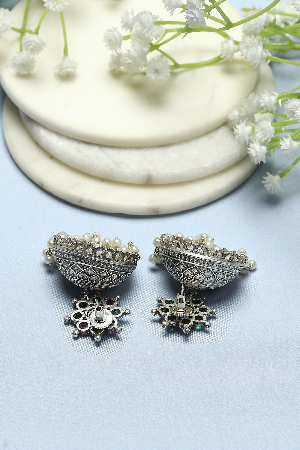 Pink and Green Oxidised Stone Studded Jhumkas image number 2