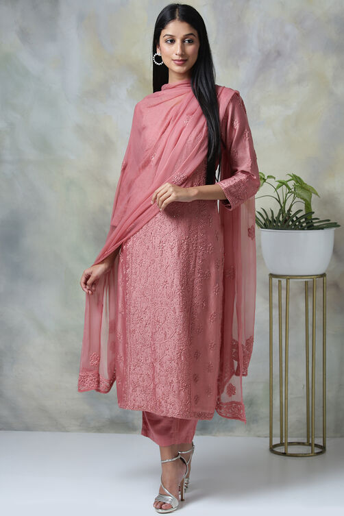 Onion Pink Cotton Silk Straight Kurta Pant Suit Set image number 0