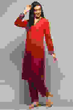 Red & Maroon Polyester Straight Yarndyed 2 Piece Set image number 3