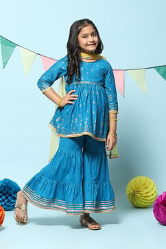 Blue Cotton Gathered Printed Suit Set image number 7