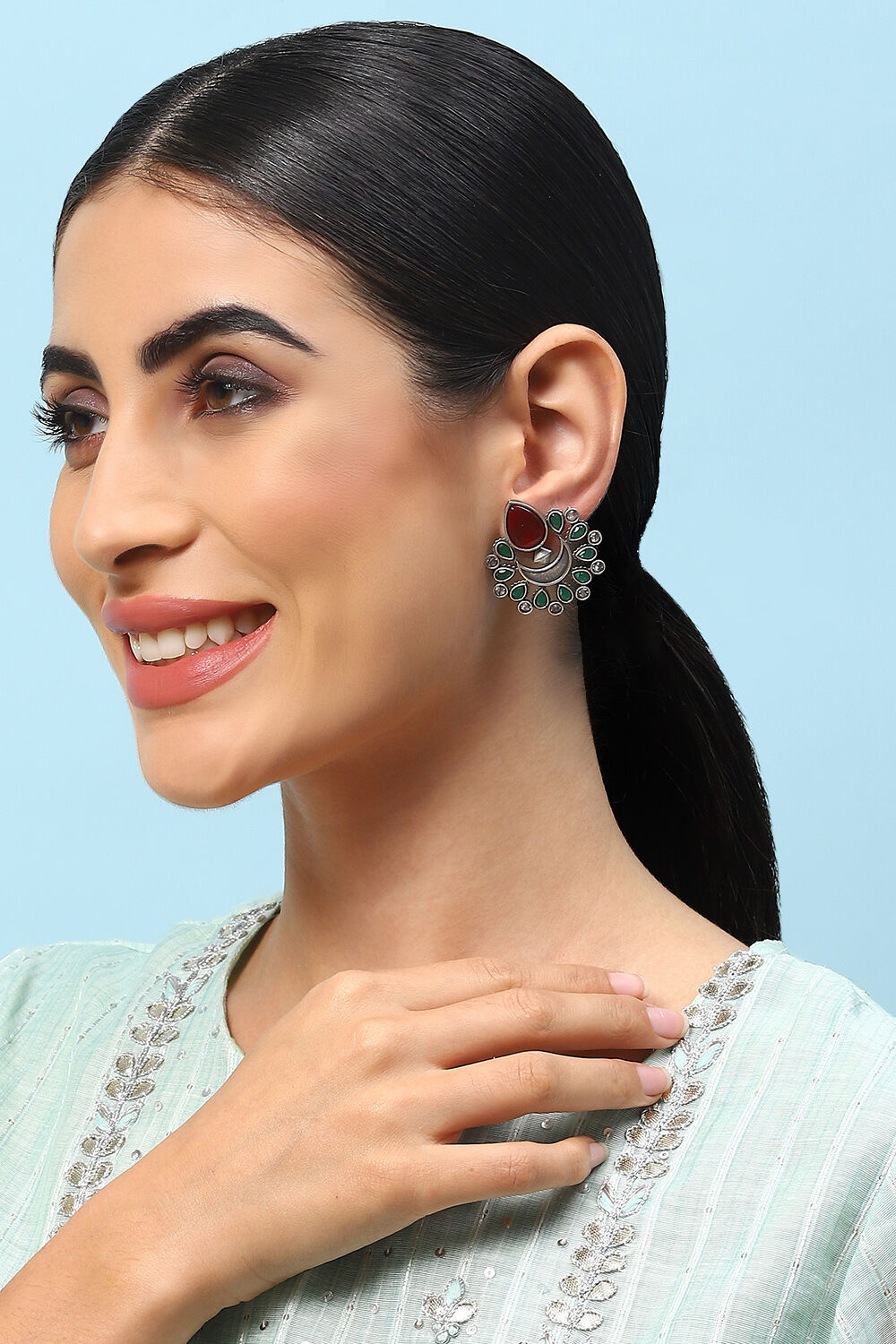 Oxidised Red & Green Brass Earrings image number 3