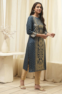 Indigo Rayon A-Line Printed Kurta image number 4