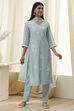 Aqua Embroidered Straight Suit Set image number 6