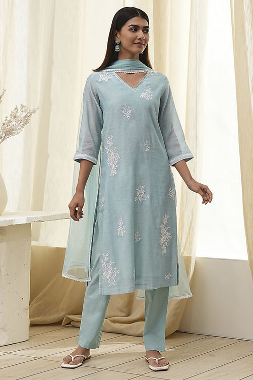 Aqua Embroidered Straight Suit Set image number 6