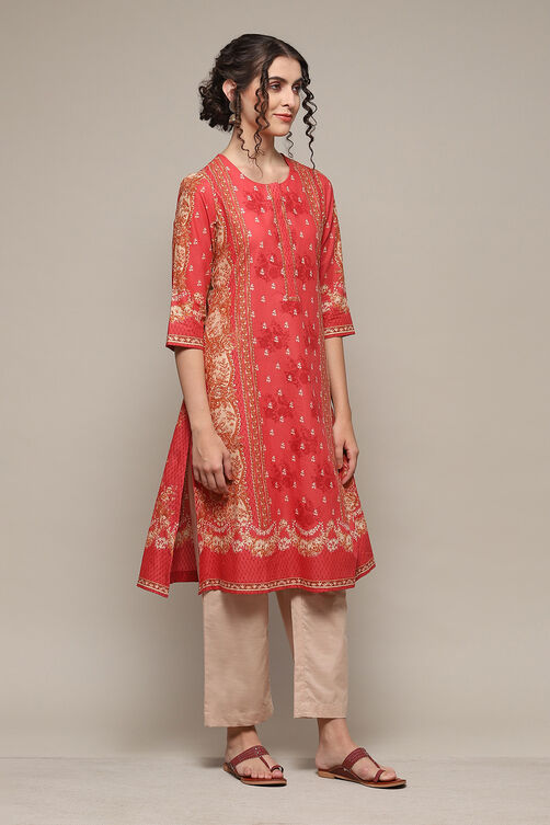 Coral Cotton Straight Kurta Palazzo Suit Set image number 6