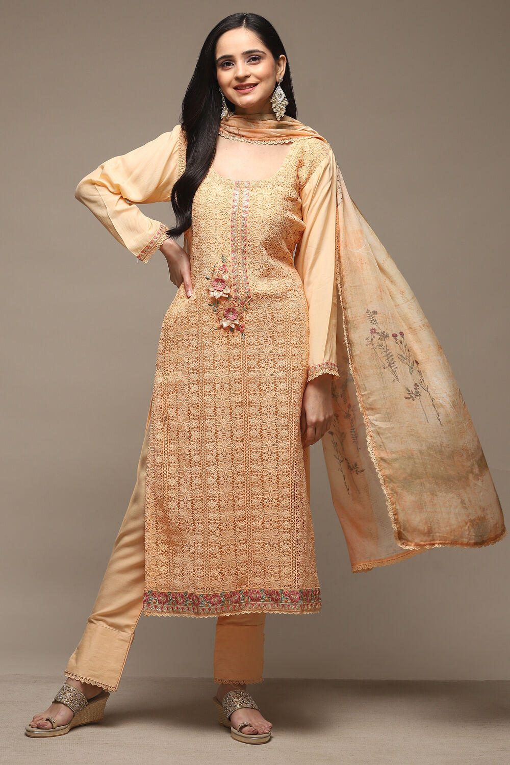 Peach Muslin Lace Unstitched Suit Set image number 1