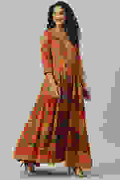 Red Cotton Flared Fusion Printed Dress image number 2