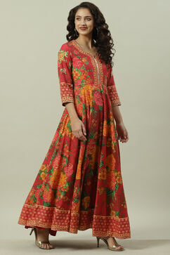 Red Cotton Flared Fusion Printed Dress image number 2